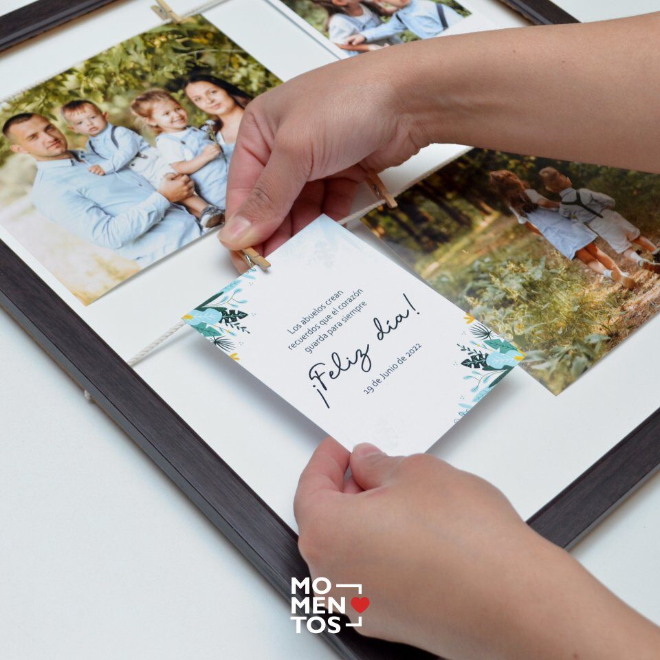 Cuadro con palillos, fotos y frase