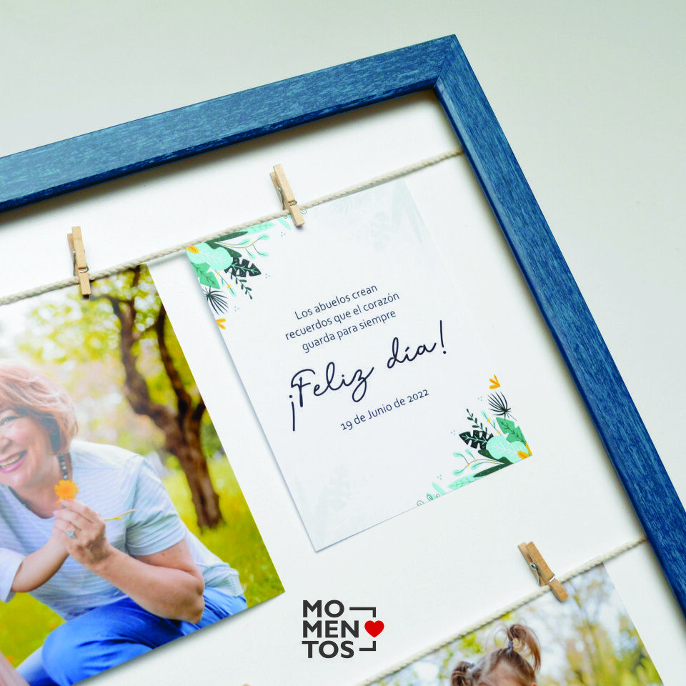 Cuadro con palillos, fotos y frase